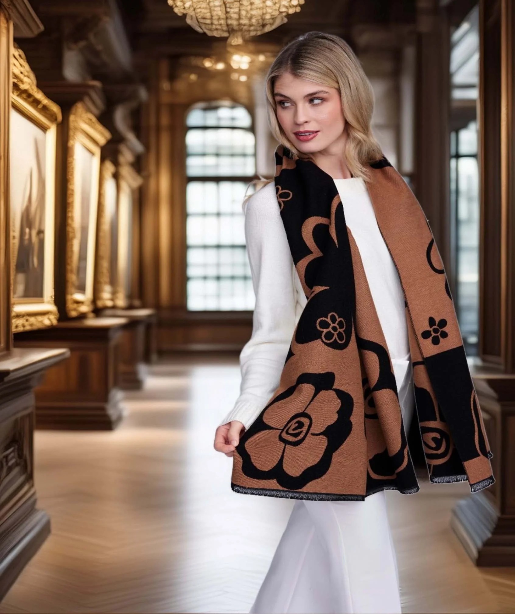 Pia Rossini Megan Oversized Print Scarf – Black & Tan